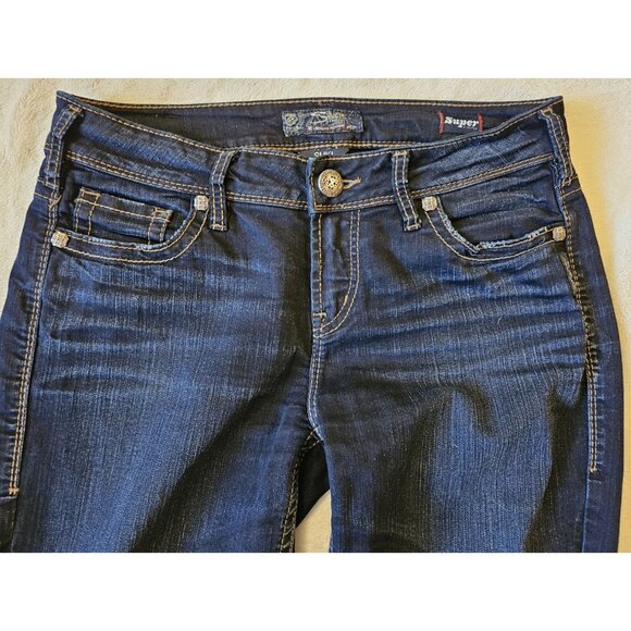 Silver Womens Jeans Suki Mid Slim Boot Denim Blue Dark Wash Super Stretch 29/32 - Picture 3 of 13